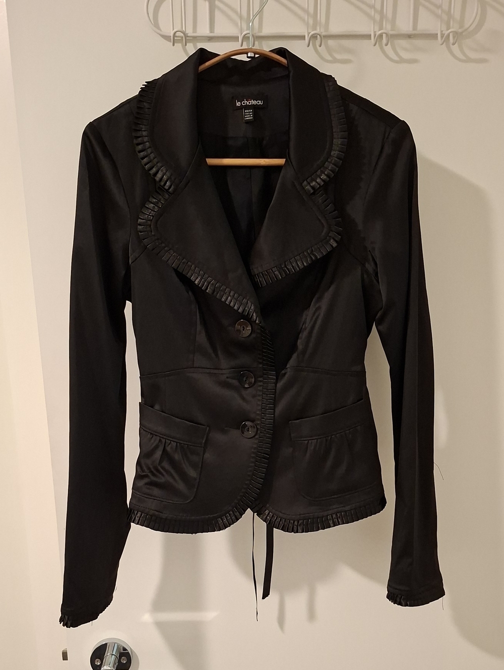 le chateau Sexy Black Satin Ruffle-trim Corset-style Tie-waist Blazer (Size XS)
